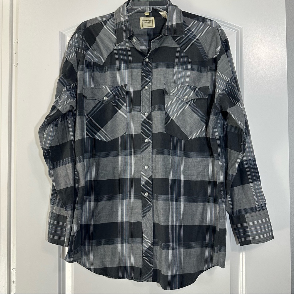 Western Plains Trading Co. Men's Black and Gray Plaid Shirt Sz L